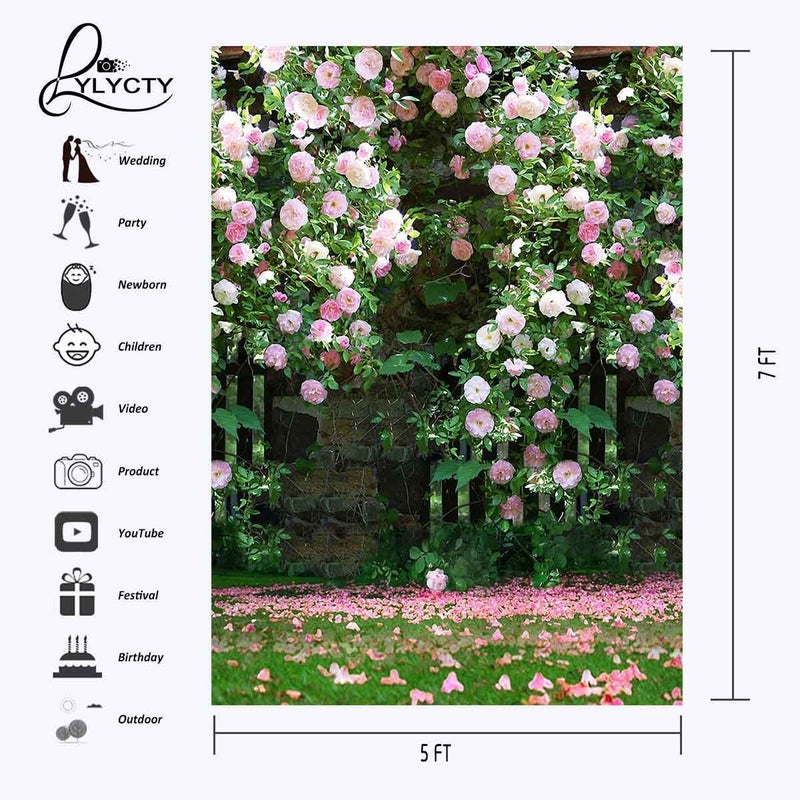 LYLYCTY 5x7ft Nature Scenery Backdrop Millennial Pink Flower Wall Green Leaves Photography Background A Vibrant Garden Backdrop LYLX008 - Image 3